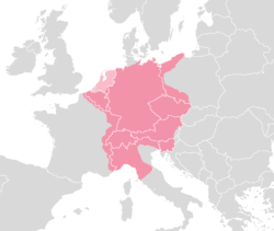 مدى اتساع الإمبراطورية الرومانية المقدسة، حوالي 1630، مركبة على حدود الدول الاوروبية الحديثة