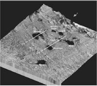البراكين الطمية في المياه الجنوبية لجزيرة كريت. رسم ثلاثي الأبعاد لقاع البحر عند حقل اوليمپي الشرقي.