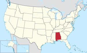 خريطة الولايات المتحدة، موضح فيها ألباما