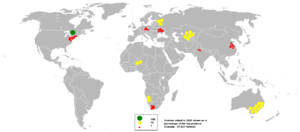 A world map showing that 100 units of uranium production are in Canada, 30 in Russia, 60 in Kazakhstan, 90 in Australia, 20 in Namibia, 20 in Niger. China, India, Ukraine, Germany, South Africa, and US have below 10 unts each.