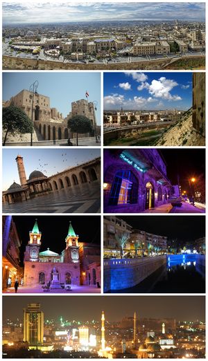 مدينة حلب القديمة قلعة حلب • مدخل سوق المدينة المسجد الكبير في حلب • فندق بارون كاتدرائية القديس إلياس • نهر قويق صورة پانورامية لحلب في المساء
