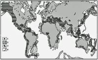 التوزيع العالمي للبراكيين الطميية. (1) براكين طمي منفردة، مناطق أحزمة براكين طميية وبركان طميي منفصل؛ (2) سمك الرواسب في المنطقة خارج الجرف القاري . أ. 1-4 كم، ب. >4 كم؛ (3) مناطق الضغط النشطة (4) مناطق الاندساس. 2009.