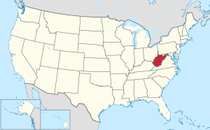 خريطة الولايات المتحدة، موضح فيها West Virginia