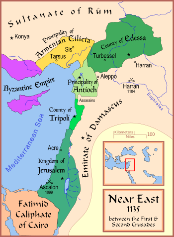 مملكة بيت المقدس والدويلات الصليبية الأخرى (في درجات الأخضر) في سياق الشرق الأدنى في 1135.