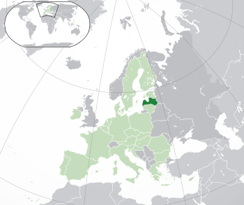 موقع  لاتڤيا  (dark green) – on the European continent  (green & dark grey) – in الاتحاد الأوروپي  (green)  —  [Legend]