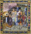 David glorified by the women of Israel from the Paris Psalter, example of the Macedonian art (Byzantine) (أحياناً تسمى النهضة المقدونية)
