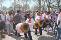 Drummers of Indo-Caribbean community celebrating Phagwah (Holi) in New York City, 2013.