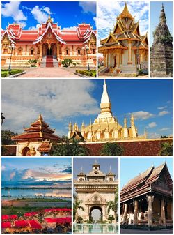 Clockwise from top: Temple at That Luang, Haw Phra Kaew, That Dam, That Luang Stupa, Mekong Riverside, Patuxai, Wat Si Saket