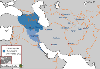 قره قويونلو من التركمان, الأزرق الفاتح يوضح أقصى اتساع لهم في العراق والساحل الشرقي لجزيرة العرب لمدة وجيزة.
