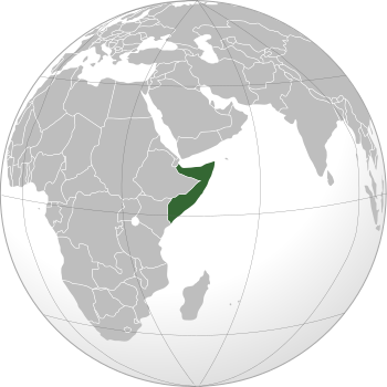 المناطق تحت سيطرة الصومال بالأخضر الداكن؛ المتنازع عليها لكنها منطقة خارجة عن السيطرة (أرض الصومال) موضحة بالأخضر الفاتح