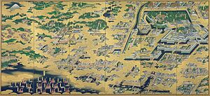 Folding screen view of Edo in the 17th century, showing Edo Castle on the upper right corner