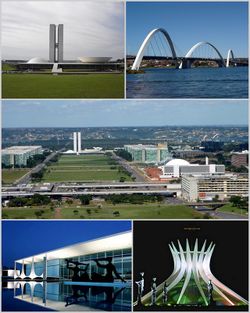 من أعلى اليمين: المجلس الوطني للبرازيل, جسر جوسيلينو كوبيتشيك، Monumental Axis, پلاسيو دا ألڤورادا وكاتدرائية برازيليا.