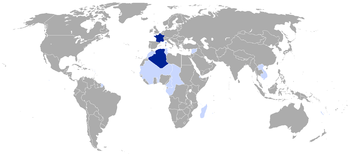 فرنسا في سبتمبر 1939 الأزرق الداكن: الجمهورية الفرنسية الأزرق الفاتح: المستعمرات، الانتدابات، والمحميات الفرنسية