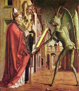 In the 15th century Saint Wolfgang and the Devil by Michael Pacher, the Devil is green. Poets such as Chaucer also drew connections between the color green and the devil.[53]