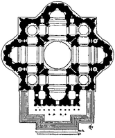 Michelangelo's design for St Peter's is both massive but contained, with the corners between the apsidal arms of the Greek Cross filled by square projections.