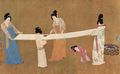 سيدات يصنع الحرير، أعيد رسمها في القرن الثامن من لوحة رسمها ژانگ شوان في عهد الامبراطو ر هوي‌زونگ من سونگ، أوائل القرن 12، صيني