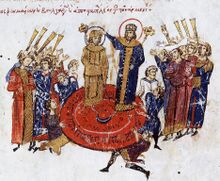 Coronation of Michael I from the 12th-century Madrid Skylitzes, probably drawn from an earlier original source.[16]