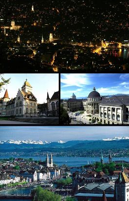 Top: Night view of Zurich from Üetliberg, Middle left: National Museum, Middle right: Swiss Federal Institute of Technology, Bottom: View over Zurich and the lake.