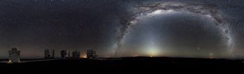 Part of the Milky Way arches across this 360-degree panorama of the night sky above the Paranal platform, home of ESO’s Very Large Telescope. The image was made from 37 individual frames with a total exposure time of about 30 minutes, taken in the early morning hours. The Moon is just rising and the zodiacal light shines above it, while the Milky Way stretches across the sky opposite the observatory.