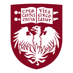 The seal of the University of Chicago. It is in the shape of a shield, with a drawing of a phoenix on the bottom and a book with the university's motto "Crescat scientia; vita excolatur" on the top.