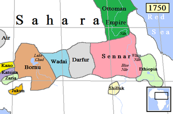 سلطنة سنار والدول المحيطة في 1750.