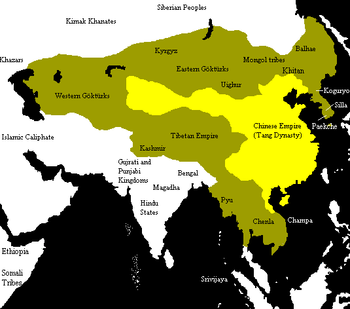 الصين في عصر أسرة تانگ (أصفر) ومحيط نفوذها