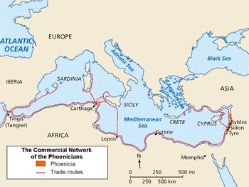 خريطة فينيقيا وطرقها التجارية في البحر المتوسط.