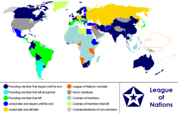 خريطة العالم تظهر الدول الأعضاء في عصبة الأمم من عام 1920 حتى 1945