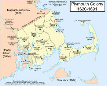 خريطة مستعمرة پليموث تبين مواقع البلدات