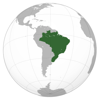 خريطة أمريكا الجنوبية وموضح عليها امبراطورية البرازيل باللون الاخضر.