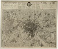 يسار: اقتحام الباستيل، يسار جان پيير لويس (1789)؛ يمين: خريطة باريس والمناطق المجاورة لها، ح. 1735.
