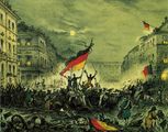 Cheering revolutionaries in Berlin, on March 19, 1848, with the new flag of Germany