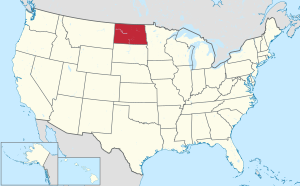 خريطة الولايات المتحدة، موضح فيها North Dakota