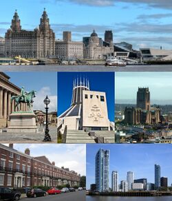 Top: Pier Head and the Mersey Ferry Middle: St George's Hall, the Metropolitan Cathedral and the Anglican Cathedral Bottom: the Georgian Quarter and Prince's Dock