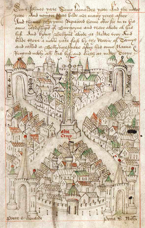 Fifteenth-century pictorial map of Bristol, radiating from the town centre