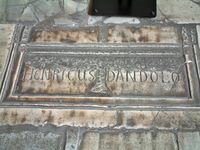 19th-century marker of the tomb of Enrico Dandolo, the Doge of Venice who commanded the Sack of Constantinople in 1204, inside the Hagia Sophia