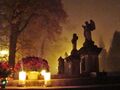 All Saints' Day at a cemetery in Sanok—flowers and lit candles are placed to honour the memory of deceased relatives.
