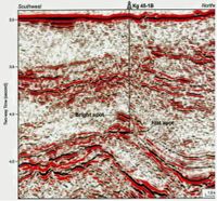 كشف هيدروكربوني مباشر (DHI) لاختبار النشاط الزلزالي في بئر كي جي 45-1بي الذي اكتشفته شل في قمع النيل المصري، سبتمبر، 2009.