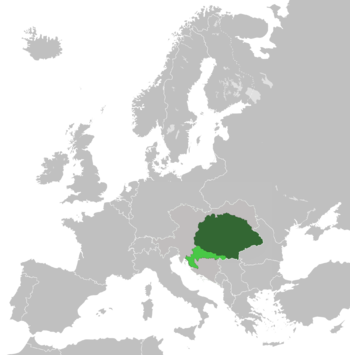 مملكة المجر (أخضر داكن) و كرواتيا-سلاڤونيا (أخضر فاتح) ضمن النمسا-المجر في 1914