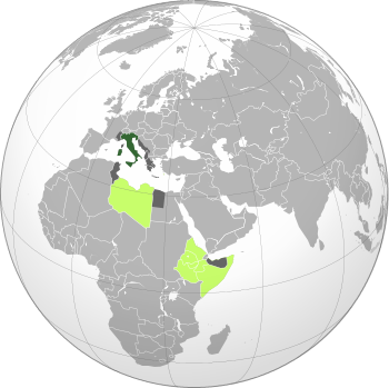 Territories and colonies of the Kingdom of Italy in 1941. Green: Integral constituent of Italy Lime: Italian colonies and possessions Dark gray: Italian occupied territory and protectorates