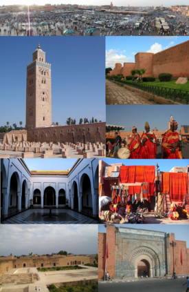 Clockwise, from top: Jemaa el-Fnaa, city walls, Musicians on Jemaa el-Fnaa, Local handicraft, Bab Agnaou, El Badi Palace, Bahia Palace, Kutubiyya Mosque.