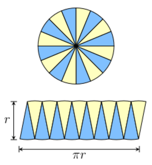 A circle divided into many sectors can be re-arranged roughly to form a parallelogram