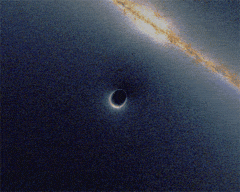 ثقب أسود شوارتزشيلد: محاكاة التعدس التثاقلي بواسطة ثقب أسود يشوه شكل المجرة في الخلفية.