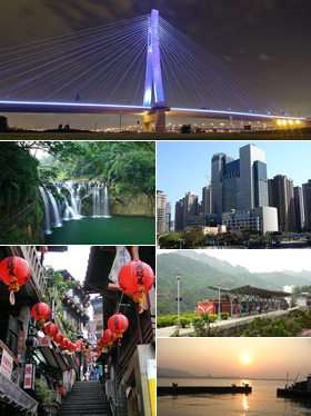 مع عقارب الساعة من أعلى: جسر تاي‌پـِيْ الجديدة، Banqiao District, Pingxi Line, Tamsui River, Jiufen, Shifen waterfall