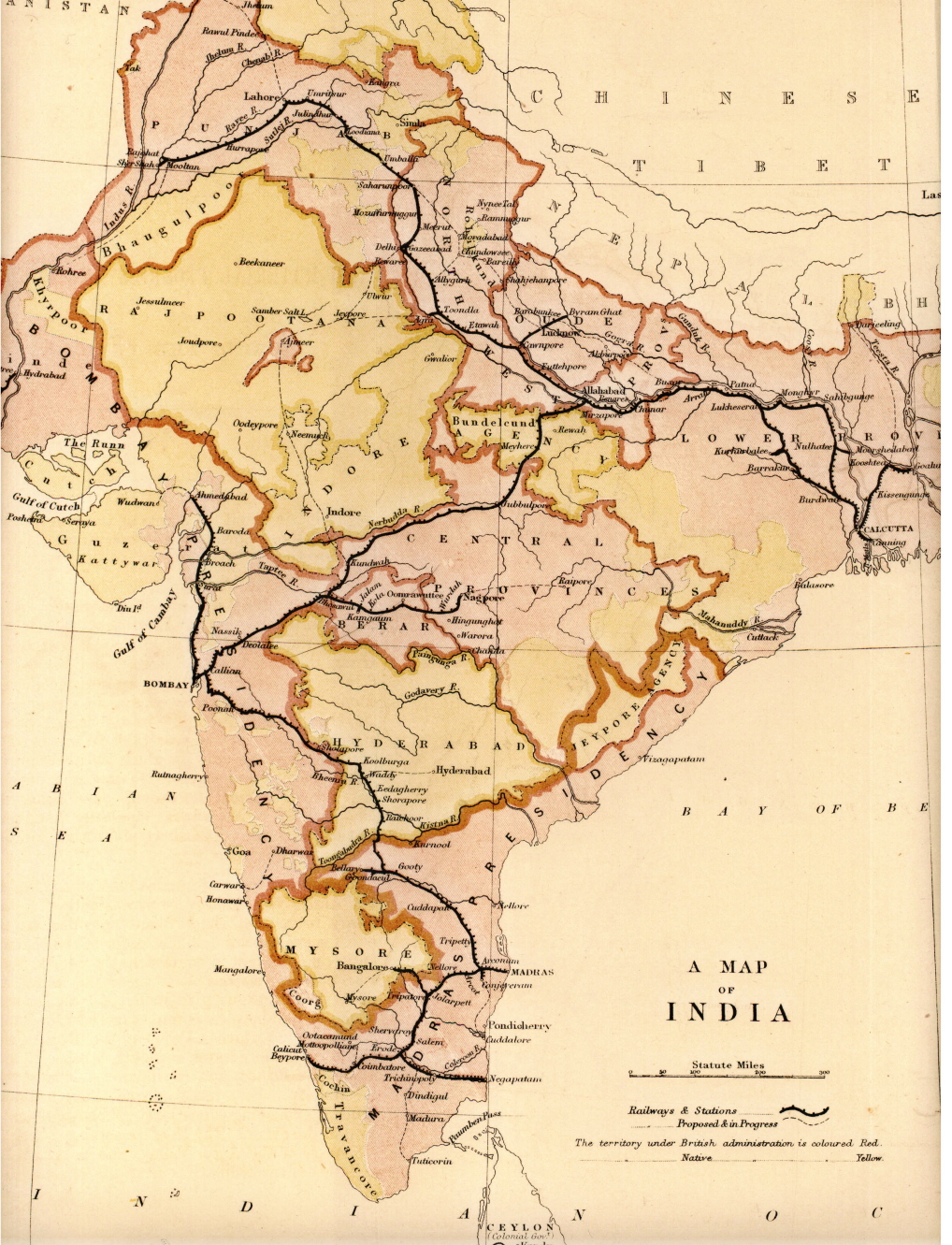 خريطة خطوط السكك الحديدية المكتملة والمخطط لها في الهند عام 1871، بعد ثلاثة عشر عاماً من انتهاء حكم الشركة.
