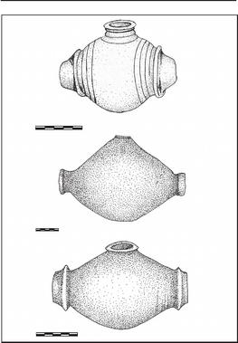 A black and white ink drawn illustration of three barrel-shaped pots.