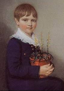 Three quarter length portrait of seated boy smiling and looking at the viewer. He has straight mid brown hair, and wears dark clothes with a large frilly white collar. In his lap he holds a pot of flowering plants