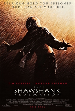 A man stands with his back to the viewer and his arms outstretched, looking up to the sky in the rain. A tagline reads "Fear can hold you prisoner. Hope can set you free."