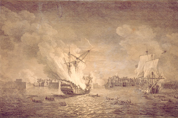 ملف:British burning warship Prudent and capturing Bienfaisant. Siege of Louisbourg 1758. Maritime Museum of the Atlantic, M55.7.1.jpg