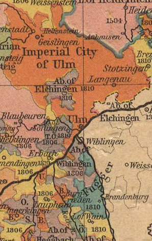 Map of Württemberg before the French Revolutionary Wars, showing the County of Fugger, with the Danube shown running through the centre of the image and the Iller forming the border between Württemberger lands (coloured) and Bavarian lands (non-coloured)